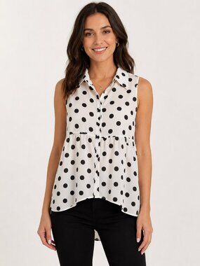 HeartSoul White Black Polka Dot Sleeveless Blouse Size Large High Low Hem Top